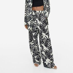 H&M Black/Cream Tropical Palm Linen Pants